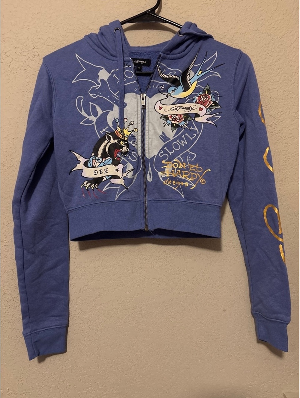 Ed Hardy Women's Blue Zip-Up Hoodie with Graphic Print Size Small